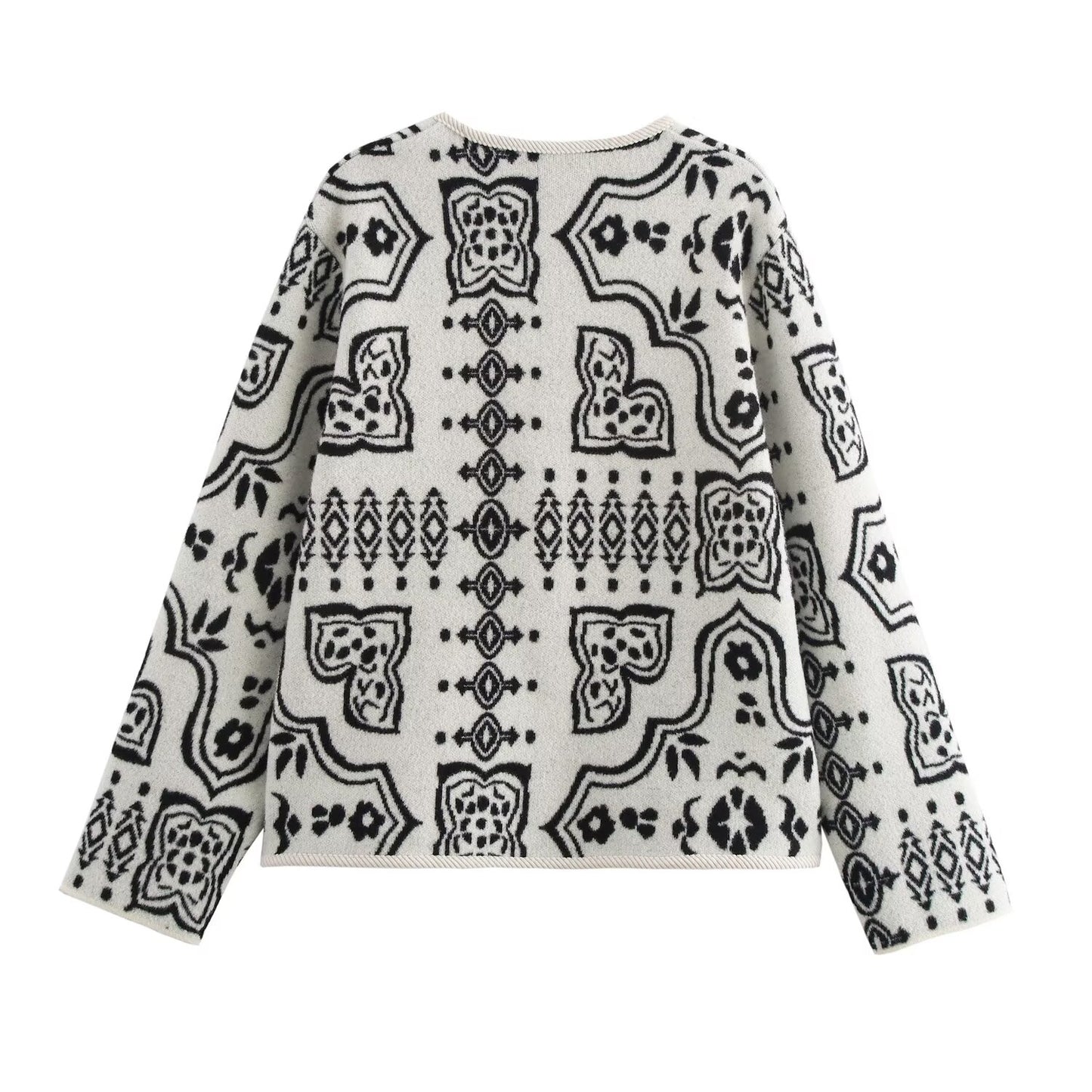 Fall Women Clothing Double Sided Cotton Jacquard V Neck Long Sleeve Knitted Cardigan