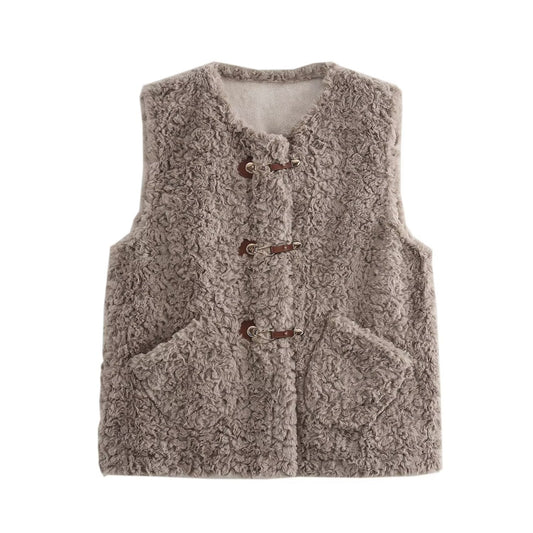 Automne Femmes Vêtements En Cuir Anneau De Fourrure D'agneau Faux Shearling Veste Sans Manches Gilet Gilet