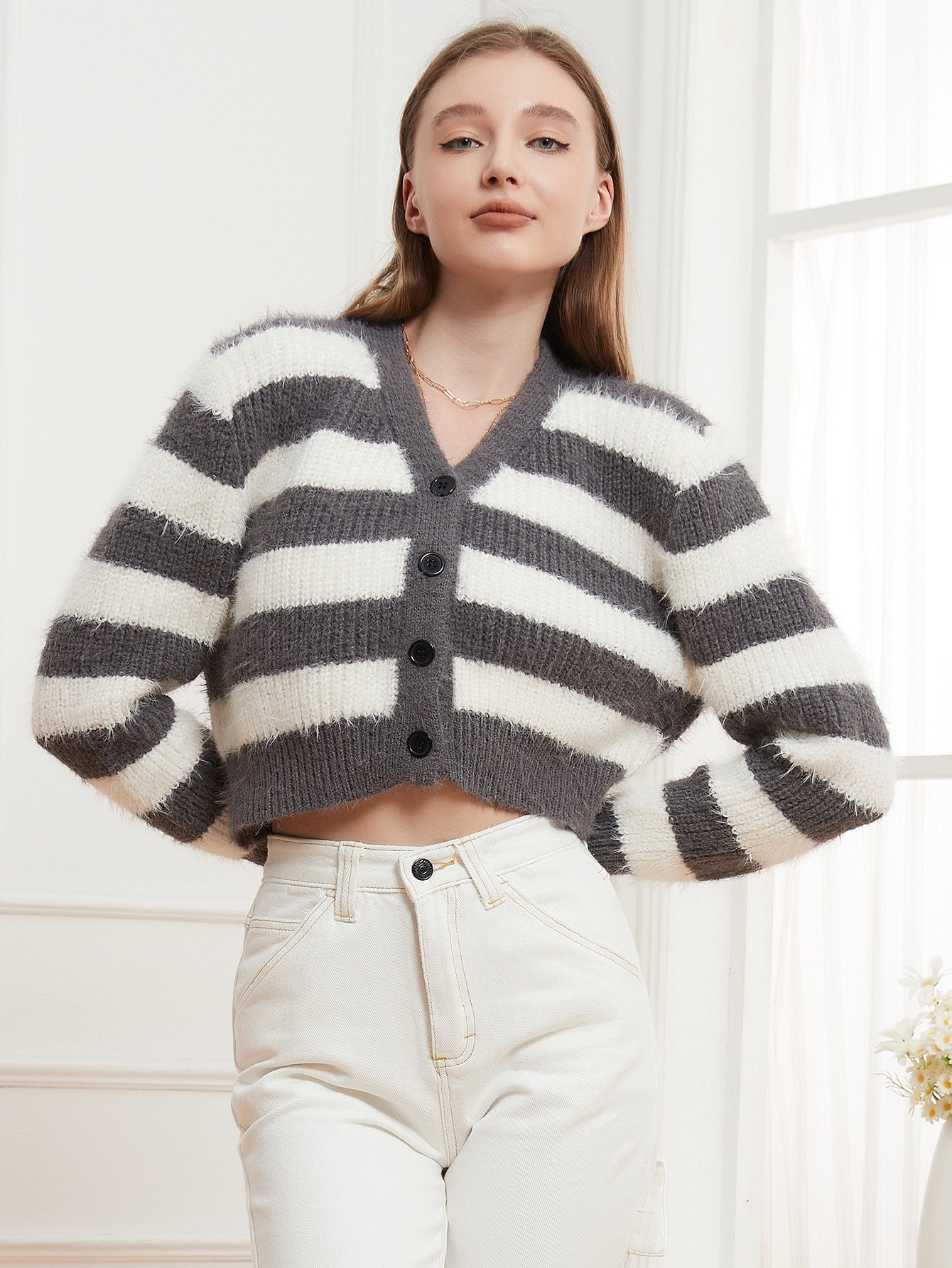 Women Clothing Knitted V neck Buckle Striped Cardigan Sweater Soft Knitted Autumn Winter Casual Knitted Coat Top