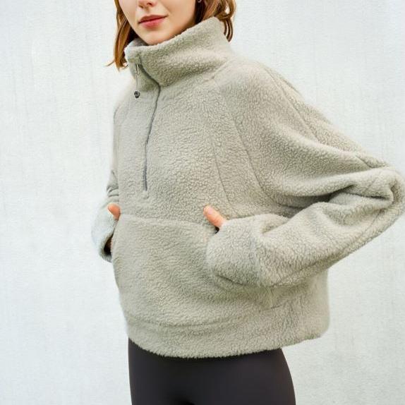 Sweat-shirt en laine d'agneau à col montant et demi-fermeture éclair pour femme, haut décontracté de couleur unie pour l'automne et l'hiver