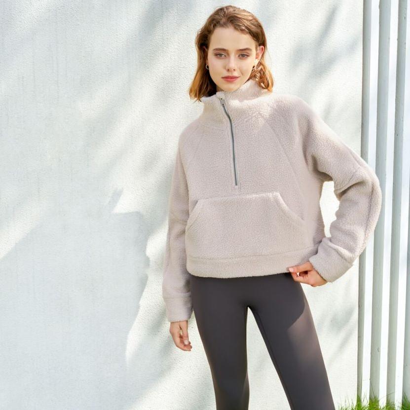 Sweat-shirt en laine d'agneau à col montant et demi-fermeture éclair pour femme, haut décontracté de couleur unie pour l'automne et l'hiver