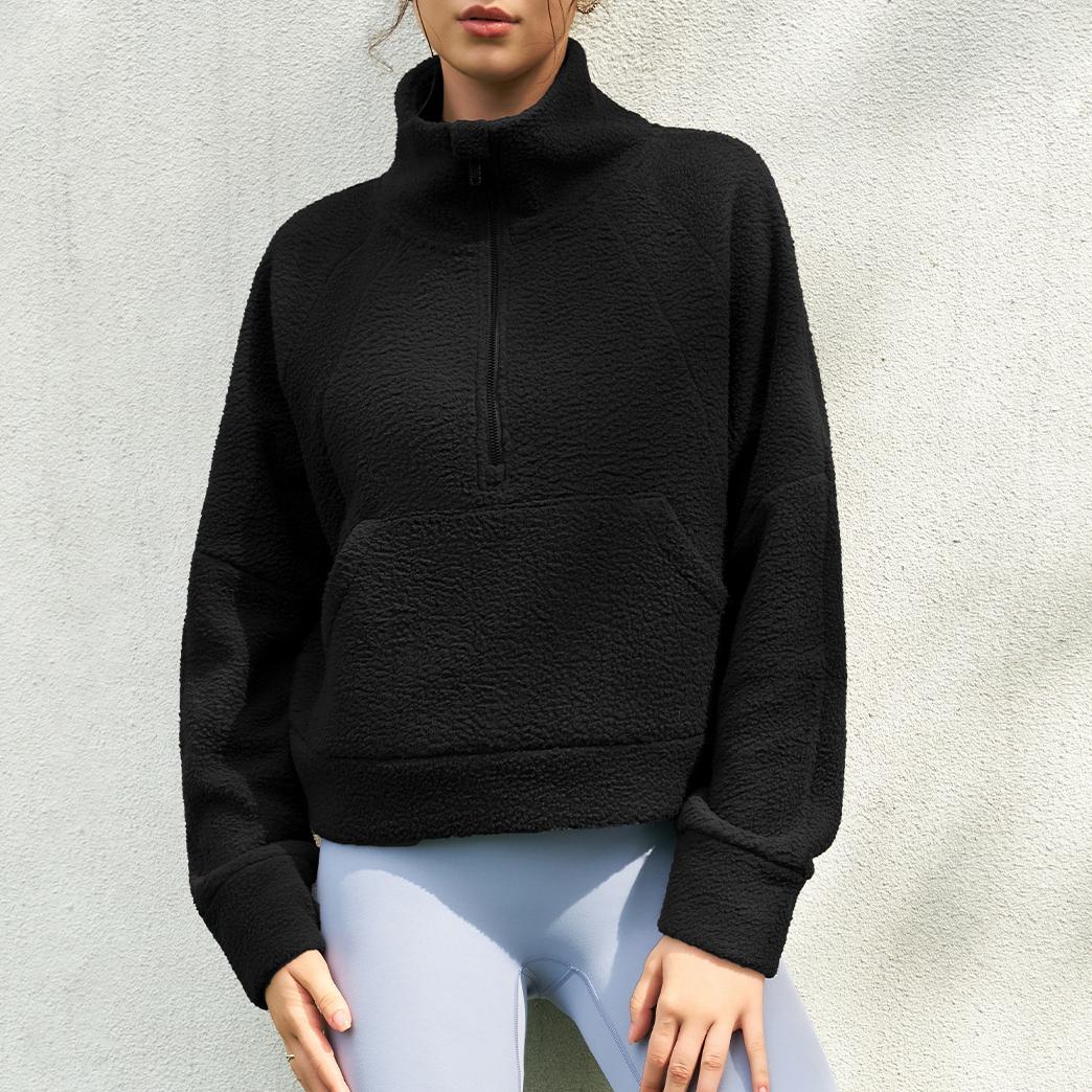 Sweat-shirt en laine d'agneau à col montant et demi-fermeture éclair pour femme, haut décontracté de couleur unie pour l'automne et l'hiver