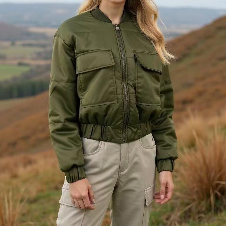 Manteau veste en coton à double poche vert armée élégant et simple pour femme