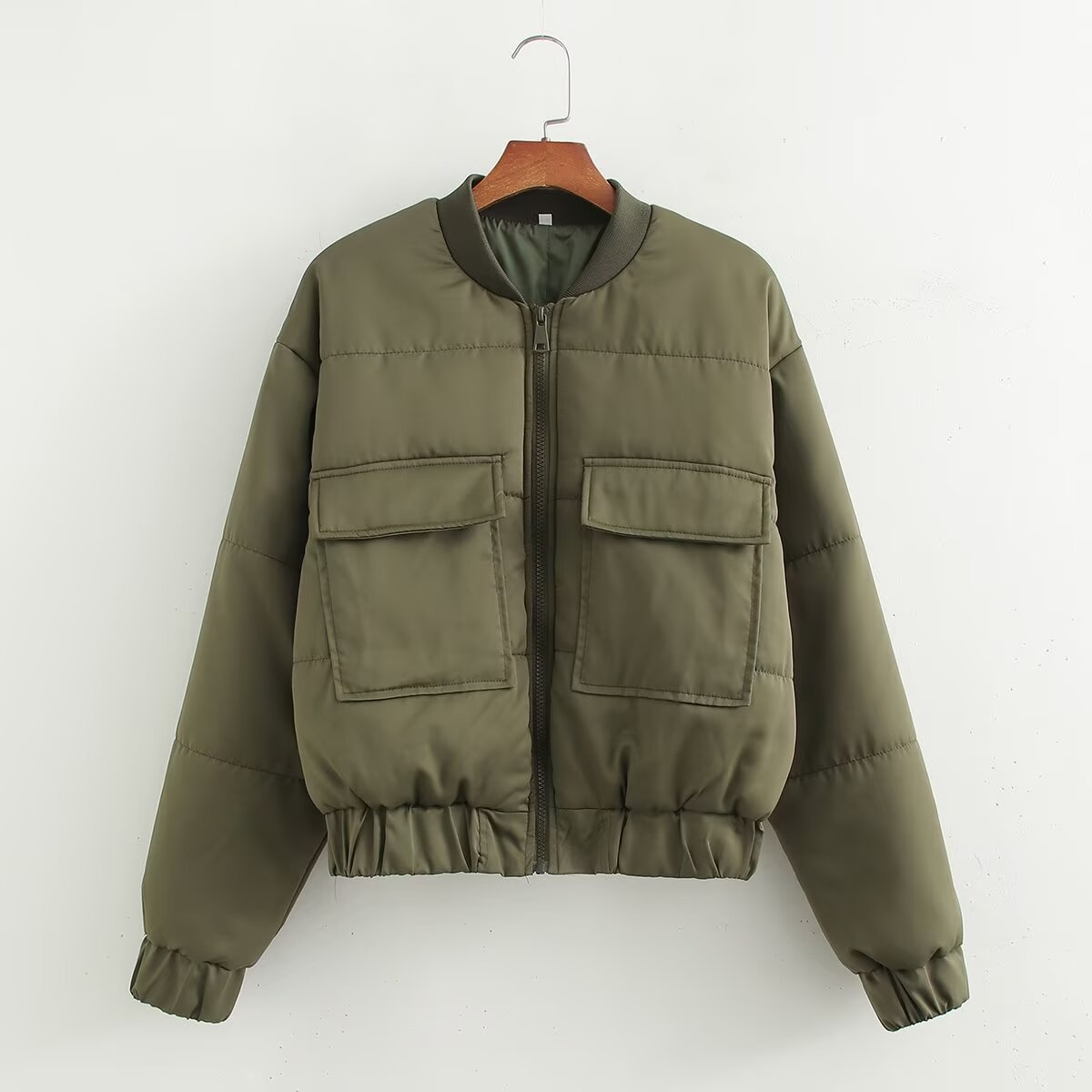 Manteau veste en coton à double poche vert armée élégant et simple pour femme