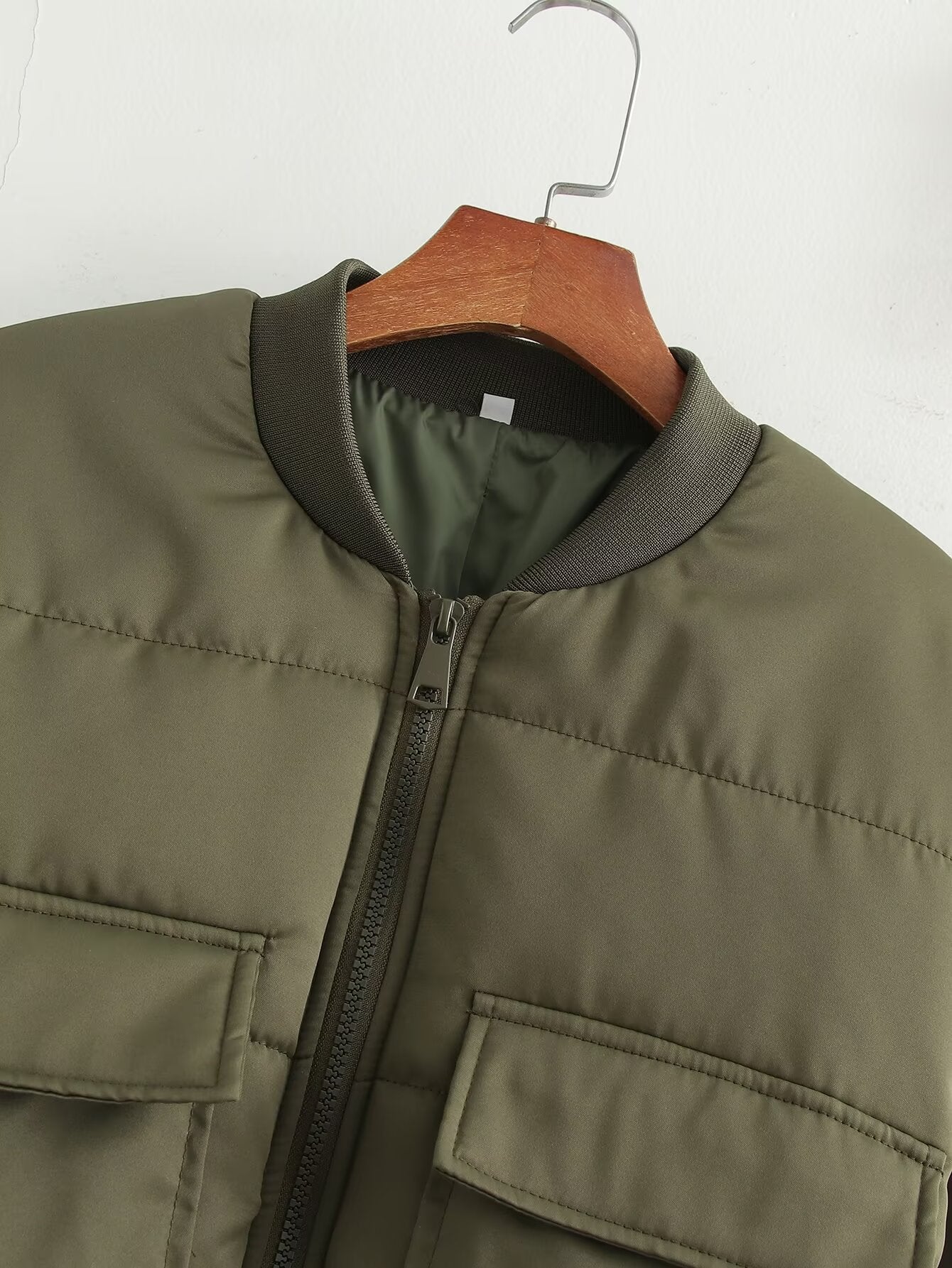 Manteau veste en coton à double poche vert armée élégant et simple pour femme