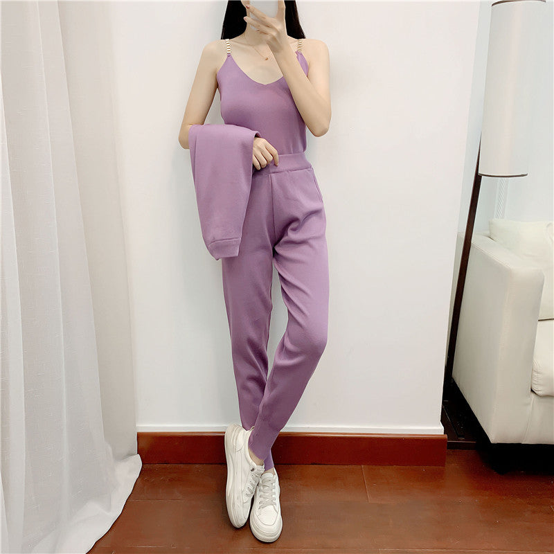 Spring Autumn Korean Sweet Chain Vest Knitted Coat Skinny Trousers with an Elasticated Waist Three Piece Set for Women