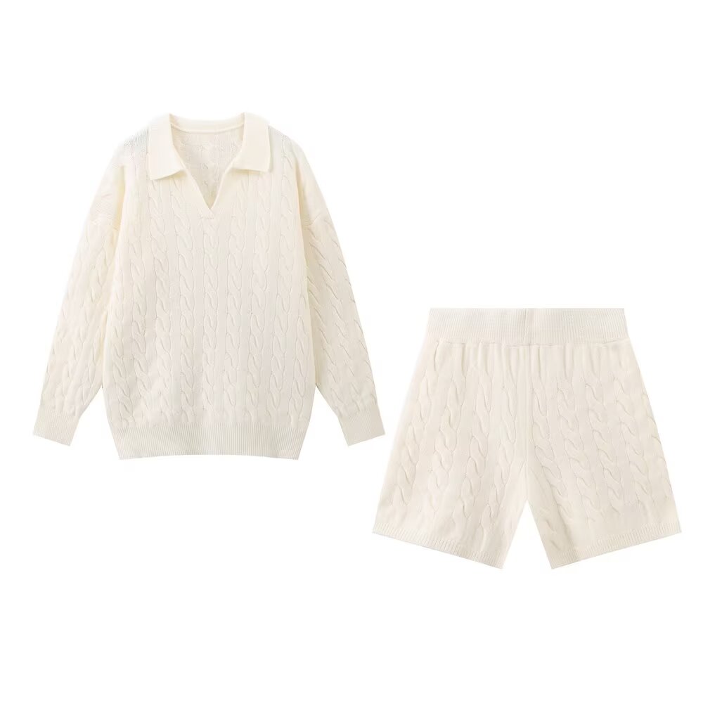 Early Autumn White Loose Lazy Round Neck Sweater High Waist Wide Leg Shorts Sets