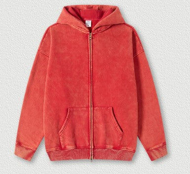 Autumn Winter Brand Washed Sweater Hooded Cardigan Vintage Fleece-Lined Red Sweater