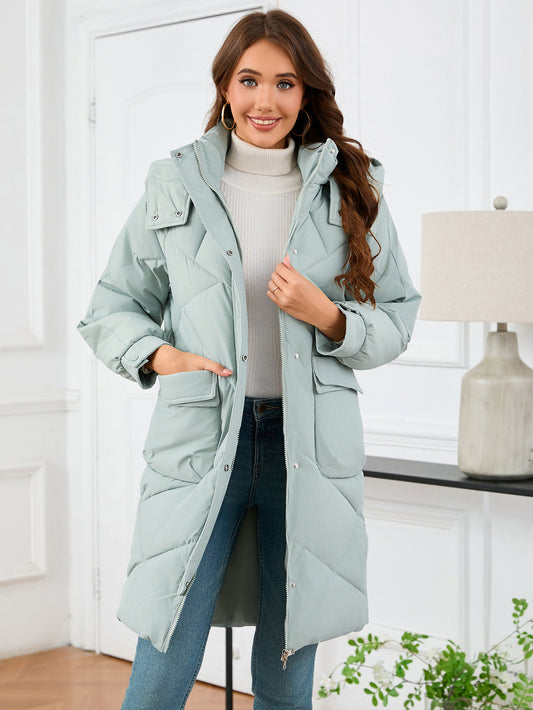 Manteau rembourré en coton mi-long pour femme, vêtement d'automne et d'hiver, col montant, capuche, manches longues, thermique, coupe slim, manteau rembourré en coton