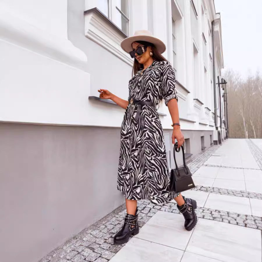 Vestido camisero de longitud media con estampado de leopardo para mujer