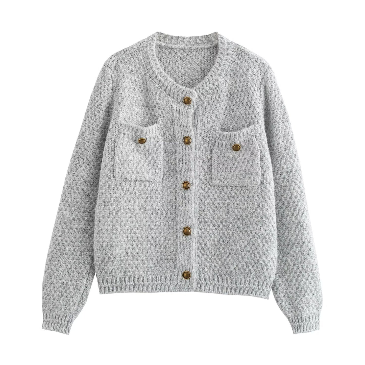 Vêtements d'automne pour femmes en fil d'alpaga à la mode, pull tricoté à col rond avec poche, cardigan manteau