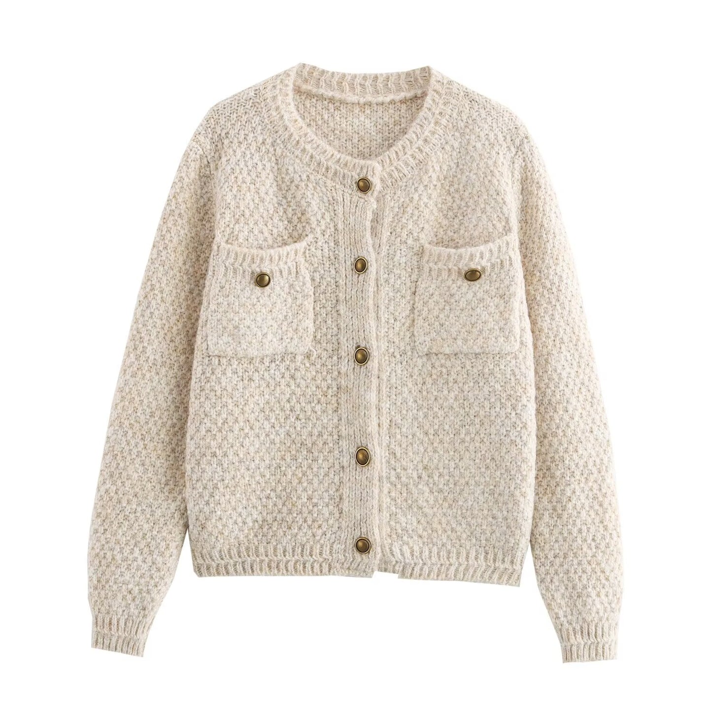 Vêtements d'automne pour femmes en fil d'alpaga à la mode, pull tricoté à col rond avec poche, cardigan manteau