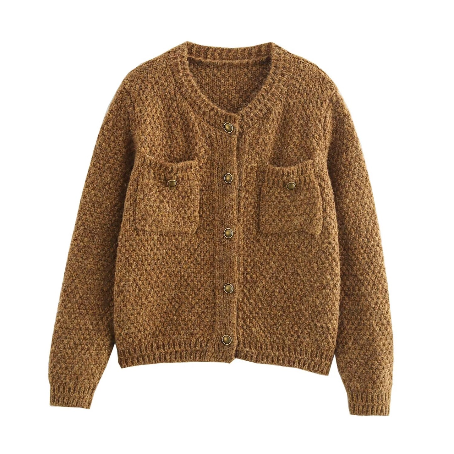 Vêtements d'automne pour femmes en fil d'alpaga à la mode, pull tricoté à col rond avec poche, cardigan manteau