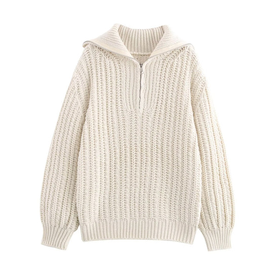 Pull tricoté à col demi-fermeture éclair et aiguille épaisse pour femme