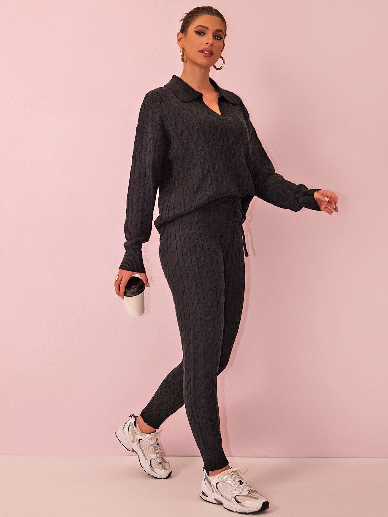 Autumn Winter Solid Color Sweater Trousers Knitted Two Piece Women