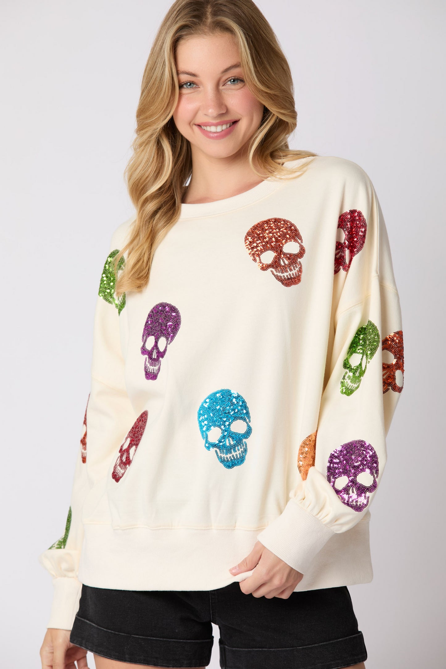 Suéter holgado informal con lentejuelas y calaveras de Halloween para mujer para otoño e invierno