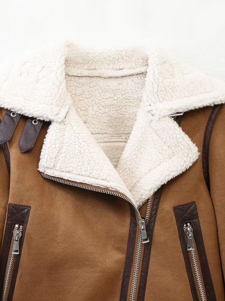 Women Winter Double Sided Short Warm Faux Shearling Jacket