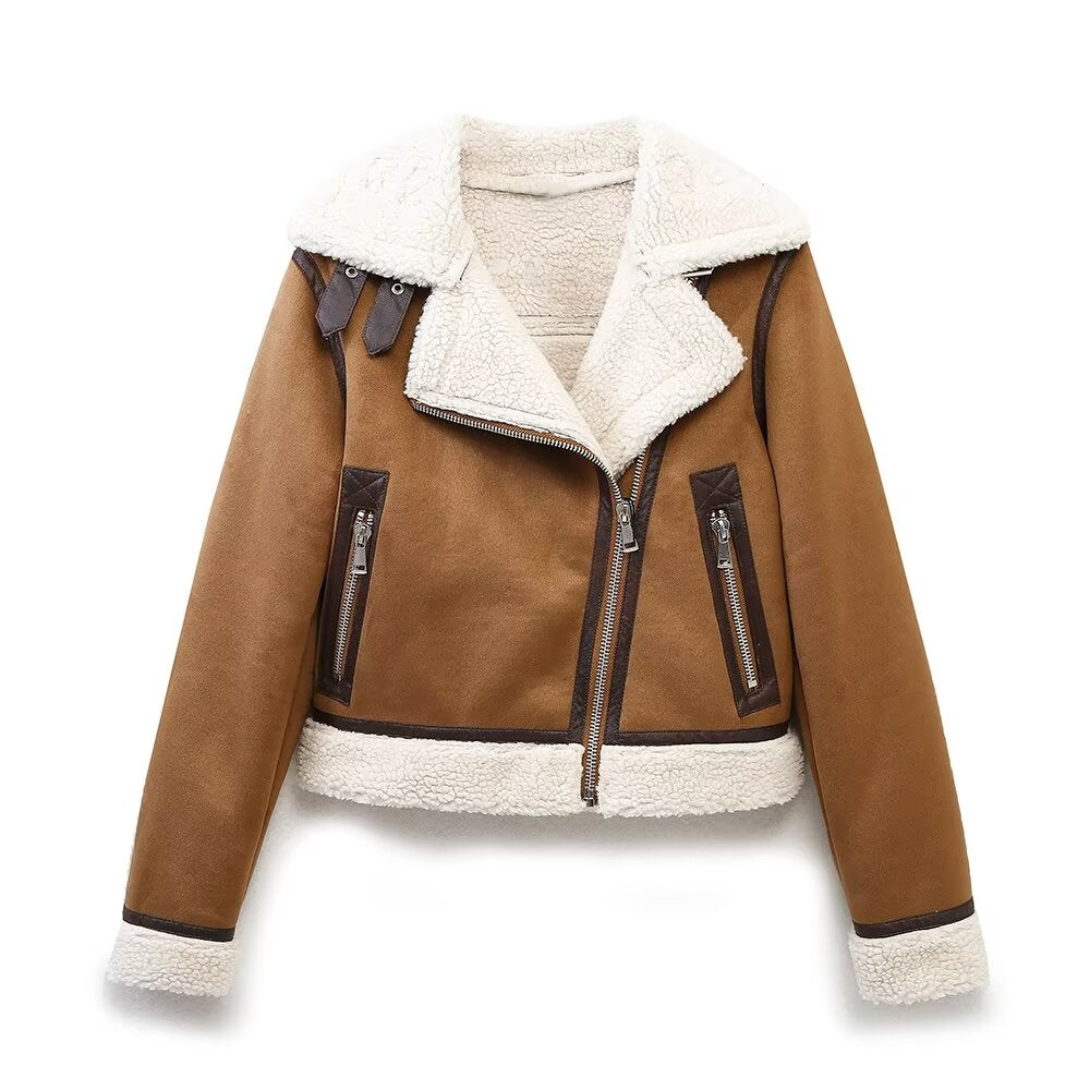 Women Winter Double Sided Short Warm Faux Shearling Jacket