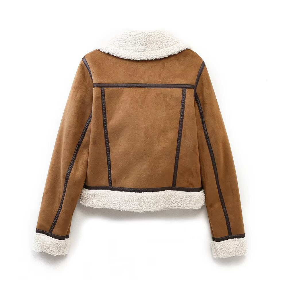 Women Winter Double Sided Short Warm Faux Shearling Jacket