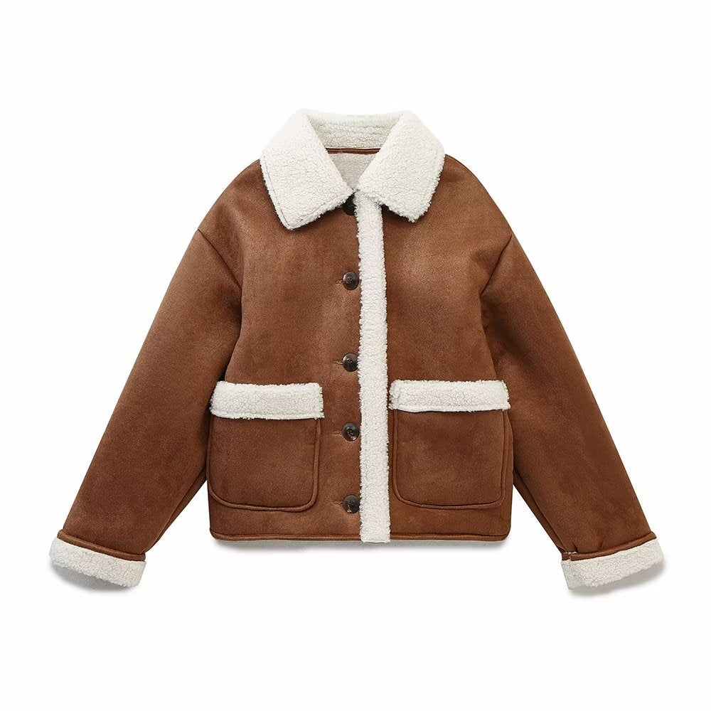 Autumn Winter Coat Women Single Breasted Patch Pocket Decoration Fleece Warm Double Sided Jacket