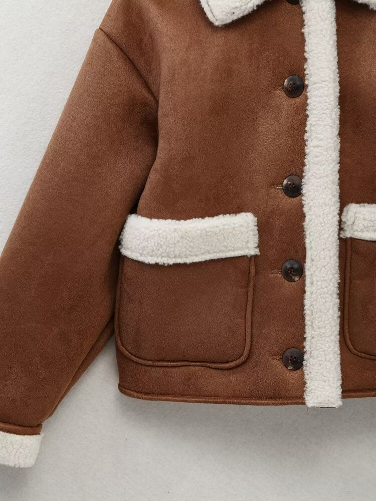 Autumn Winter Coat Women Single Breasted Patch Pocket Decoration Fleece Warm Double Sided Jacket