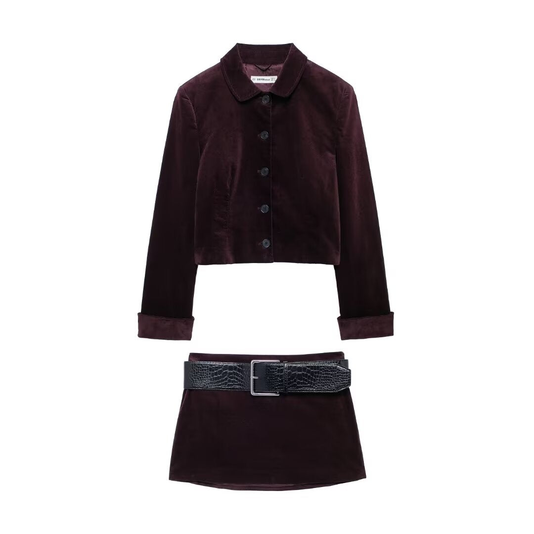 Women Clothing Autumn Winter Velvet Short Jacket Belt Mini Skirt Set