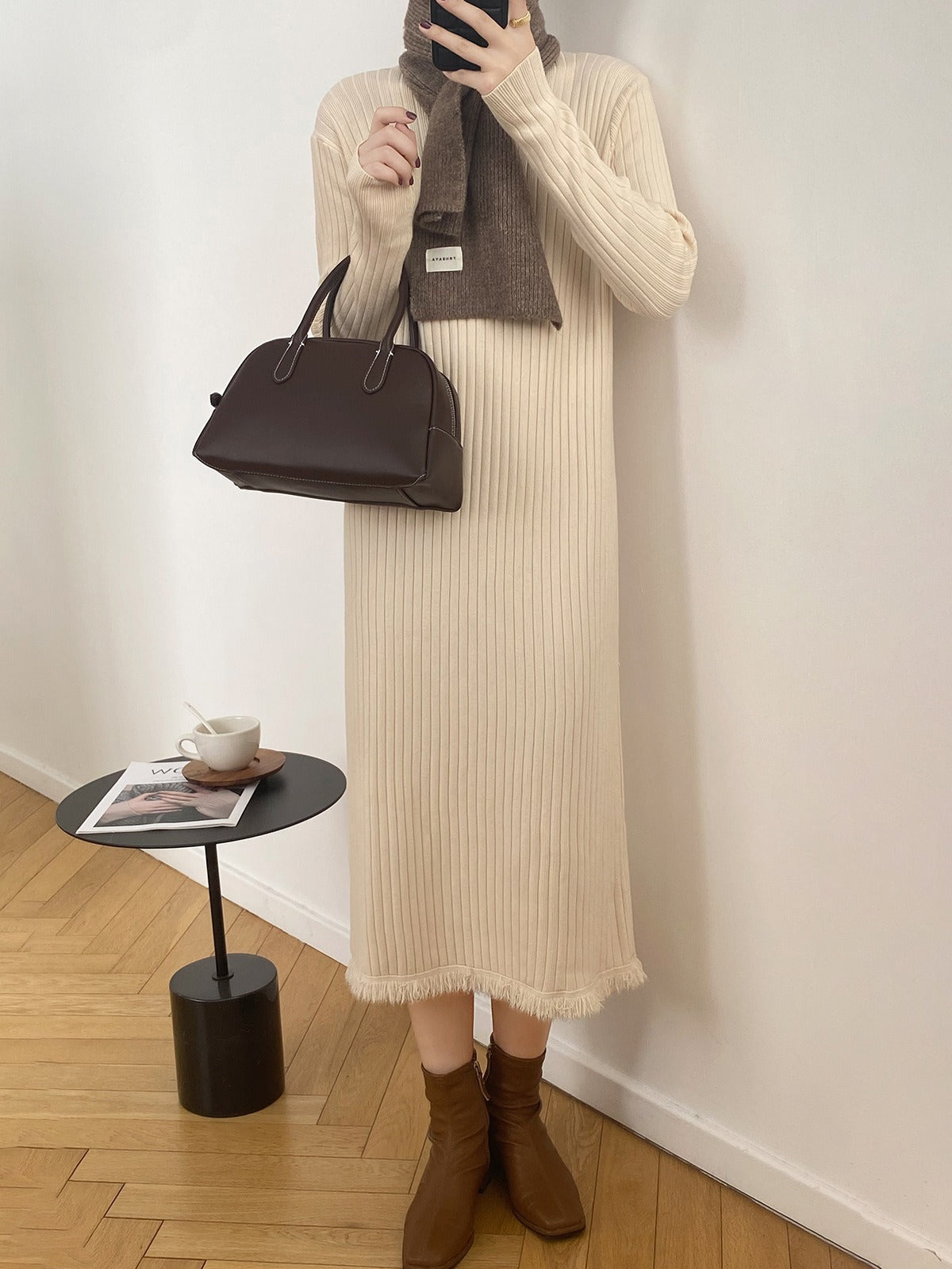 Autumn Winter Mock Neck Sweater Women Mid Length below the Knee Coat Base Ride Tassel Dress Swing Knitted Dress