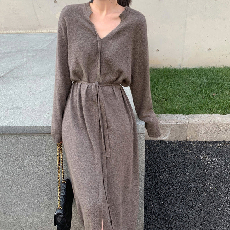 Dress Autumn Winter Simple Temperamental Slimming Solid Color Mid Length over the Knee Drawstring Waist Knitted Dress Women