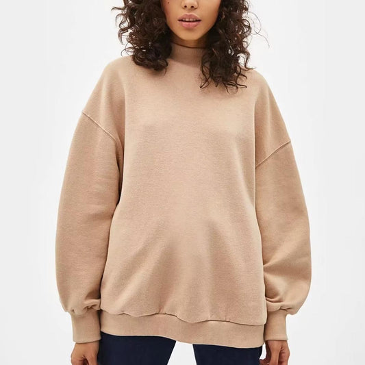 Autumn Winter Simple Loose Casual Half Turtleneck Fleece lined Solid Color Sweatshirt Sweater Women