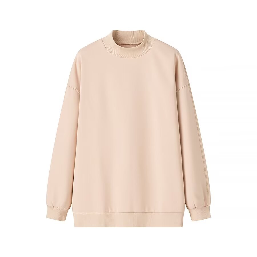 Autumn Winter Simple Loose Casual Half Turtleneck Fleece lined Solid Color Sweatshirt Sweater Women