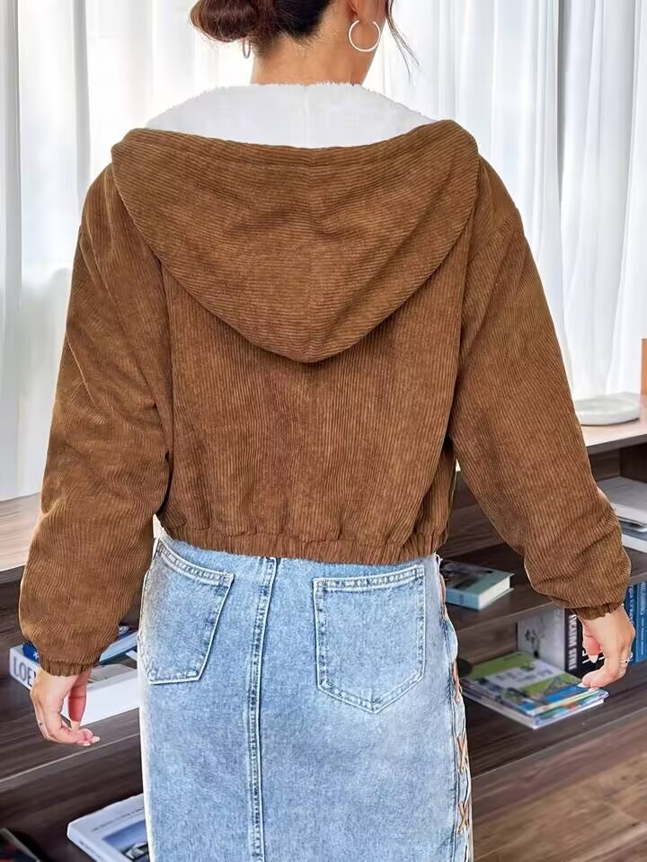 Manteau d'hiver en coton à manches longues et capuche en velours côtelé avec fermeture éclair pour femme