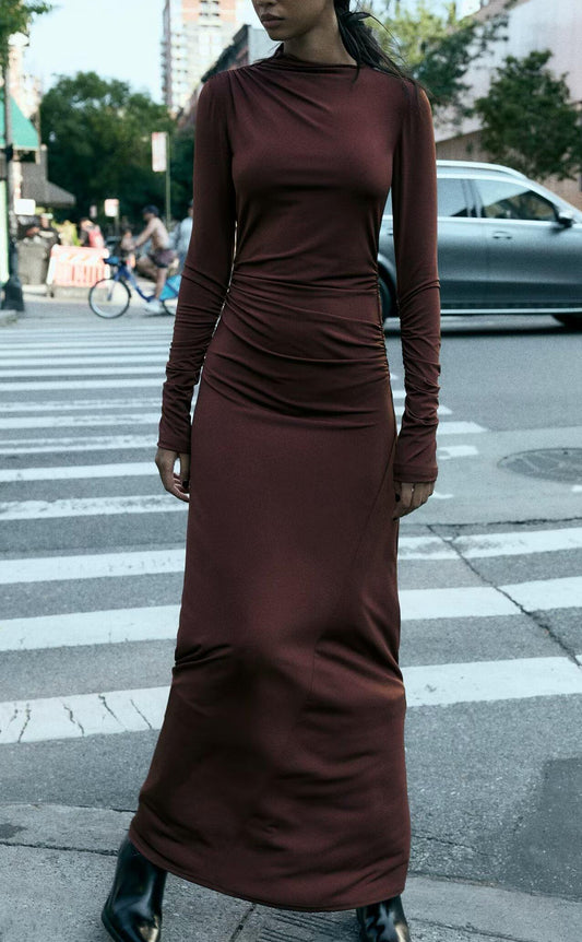 Winter Elegant Half High Collar Long Sleeves Slim Pleated Maxi Dress Women