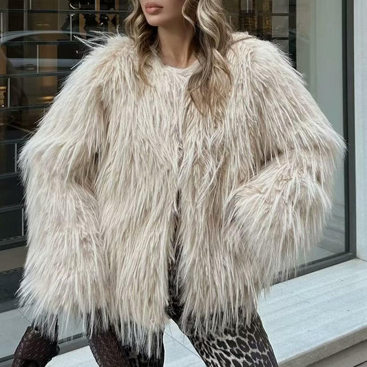 Women Clothing Autumn Winter Retro Crew Neck Long Sleeve All Match Short Furry Artificial Fur Coat