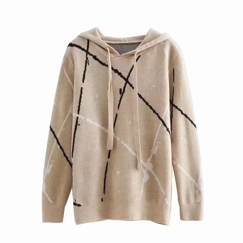 Winter Women Clothing Core Spun Yarn Jacquard Knitted Hooded Pullover Sweater