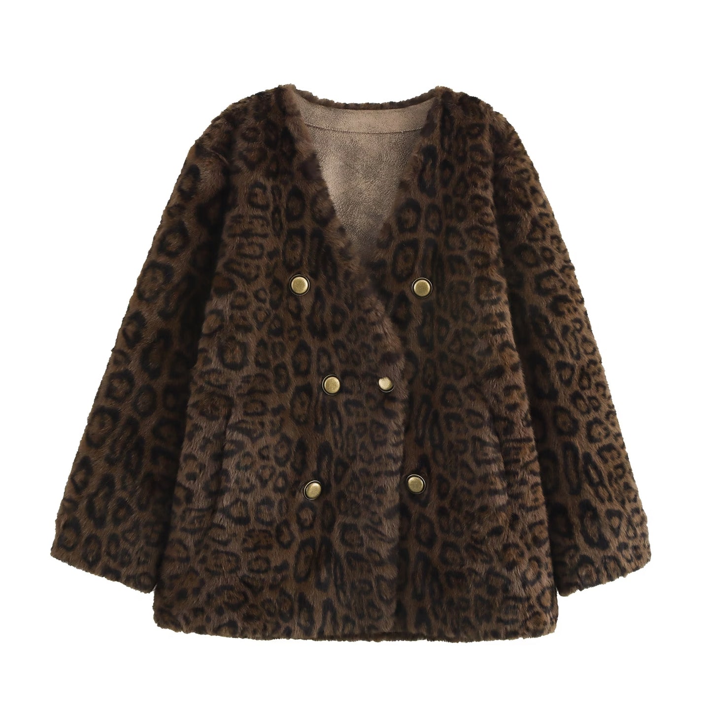 Winter Women Clothing Leopard Print Faux Shearling Jacket V neck Casual Long Sleeve Furry Coat