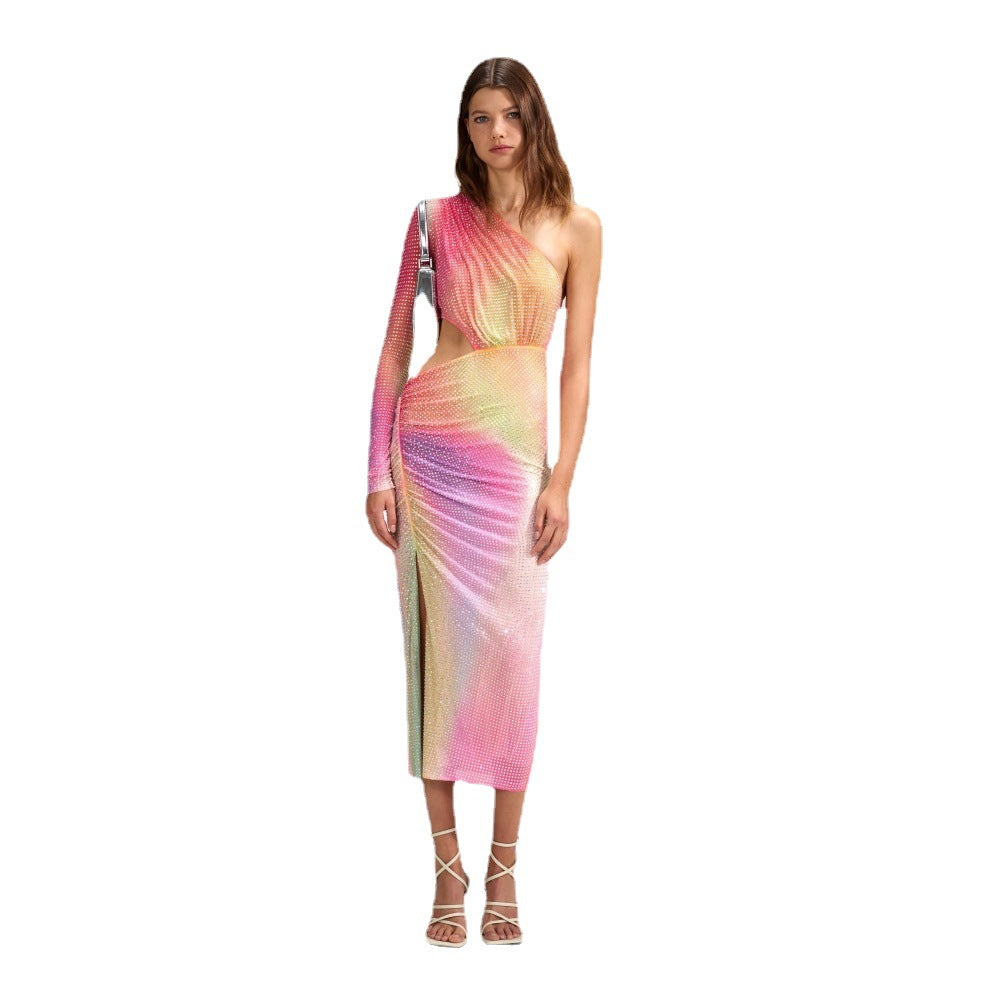 Diagonal Shoulder And Waist Revealing Colored Dress With Slit And Buttocks Wrapped