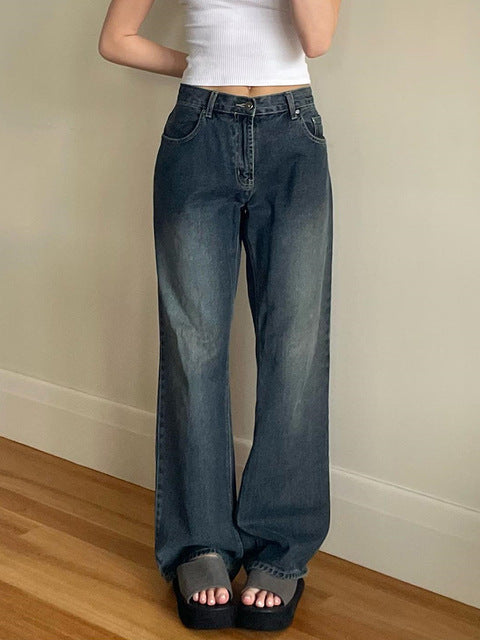 Pantalon en denim à jambe droite pour femme, rétro, ample, à la mode