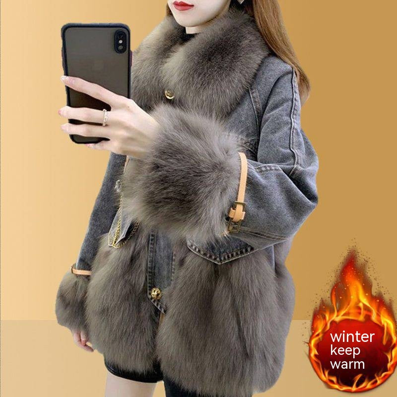 Denim Imitation Fox Fur Young Parka Women's Mid-length Fur Imitation Down