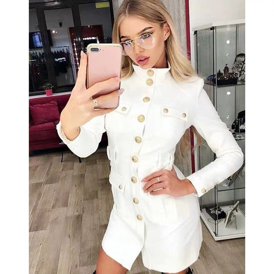 Black White Turtleneck Slim Rivet Lion Head Buckle Long Sleeve Dress Coat