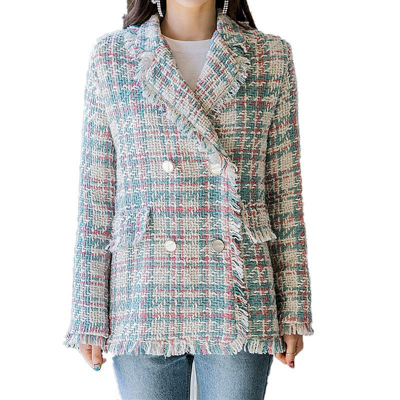 Llegada estrella coreana misma primavera Otoño Invierno a cuadros borla chaqueta atractiva mujer ropa Blazer