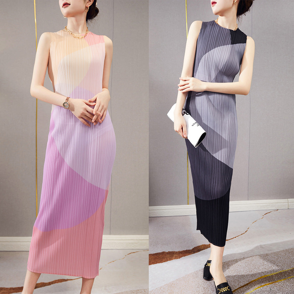 Fashion High-end Pleated Sleeveless Printed Straight Retro Dress