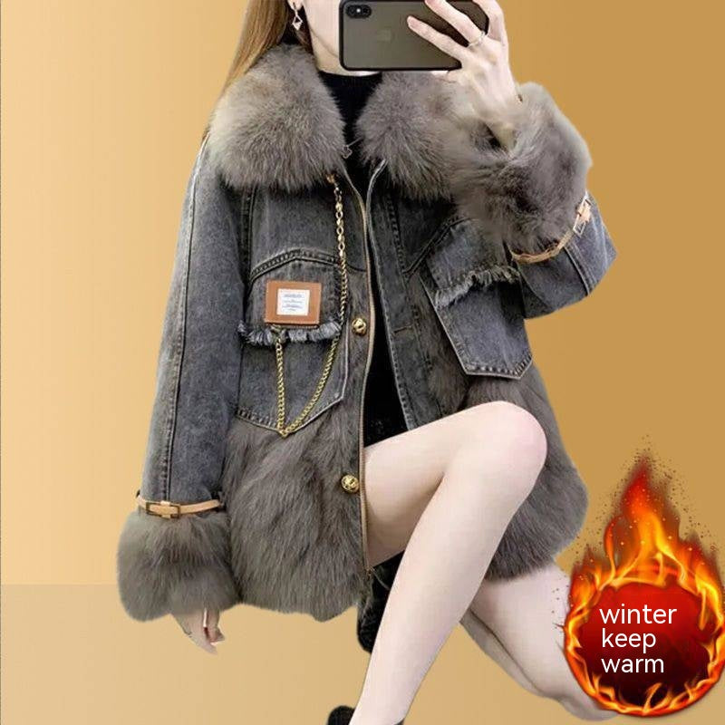 Denim Imitation Fox Fur Young Parka Women's Mid-length Fur Imitation Down