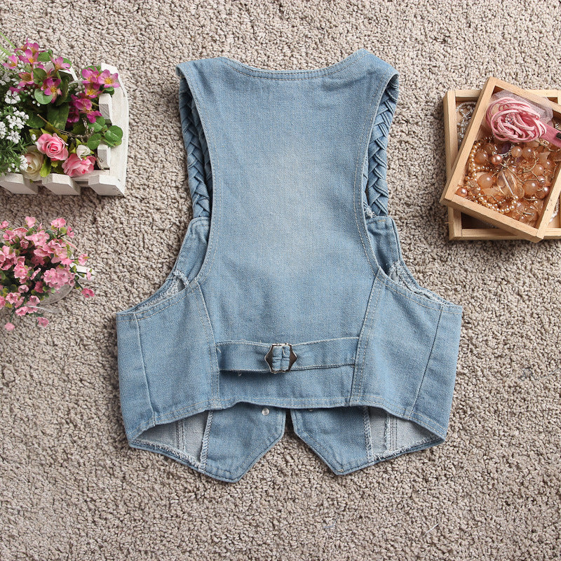 Summer Women's Collection Korean Twist Braid Denim Vest Small Waistcoat Workwear Vest