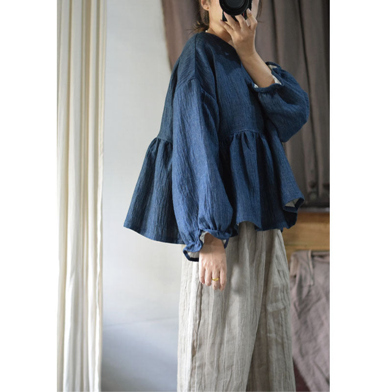 Double-layer Linen Round Neck Cute Anti-aging French Retro Blouse