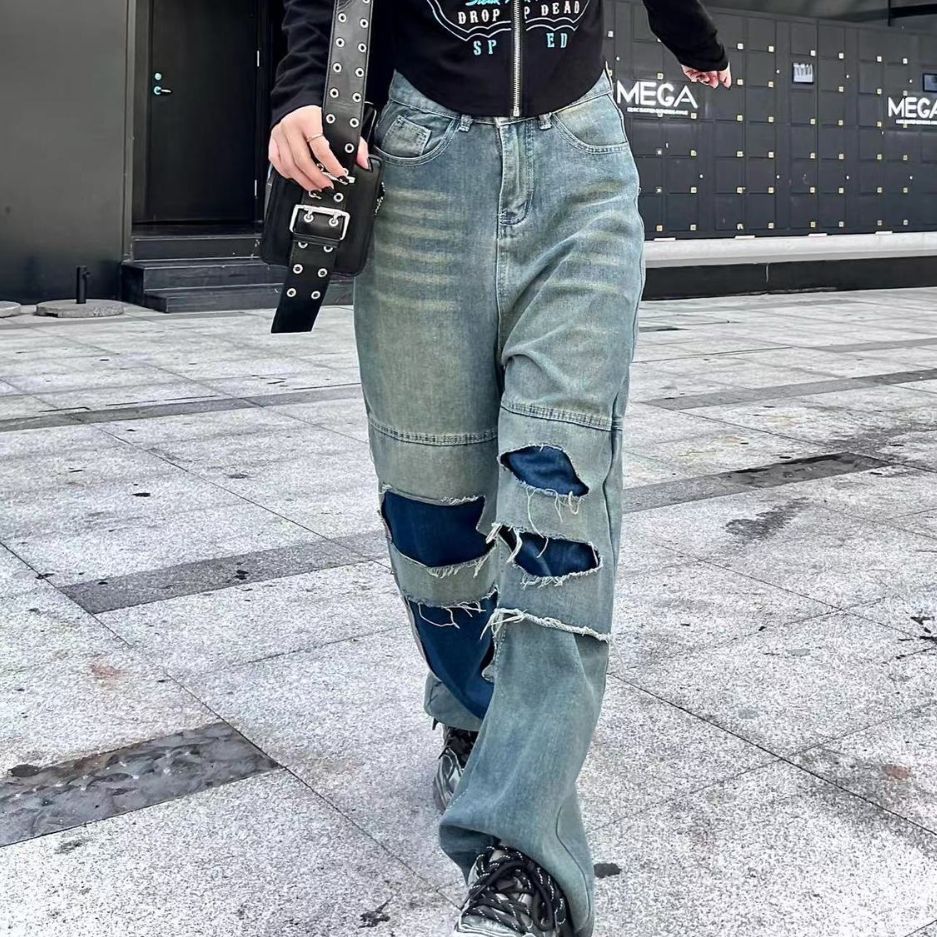 Women's Straight Pants Ripped Slimming Stitching Jeans