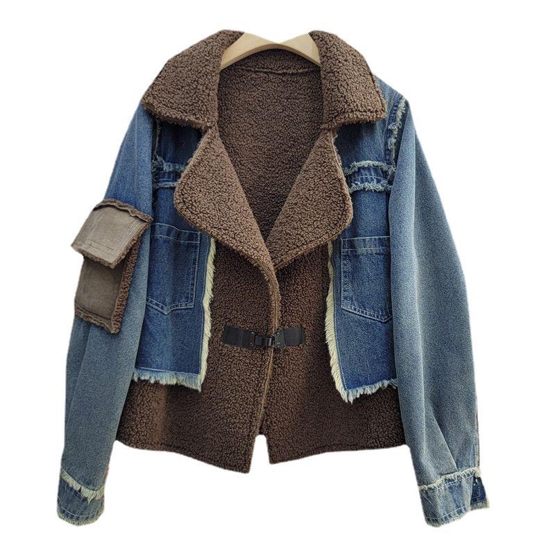 Women's Winter Design Stitching Lamb Wool Denim Coat