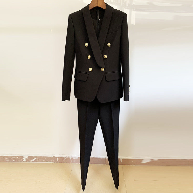 European And American Foreign Trade Professional Wear Fashion Double-Breasted Green Fruit Collar Suit Nine-Point Pants Two-Piece Suit