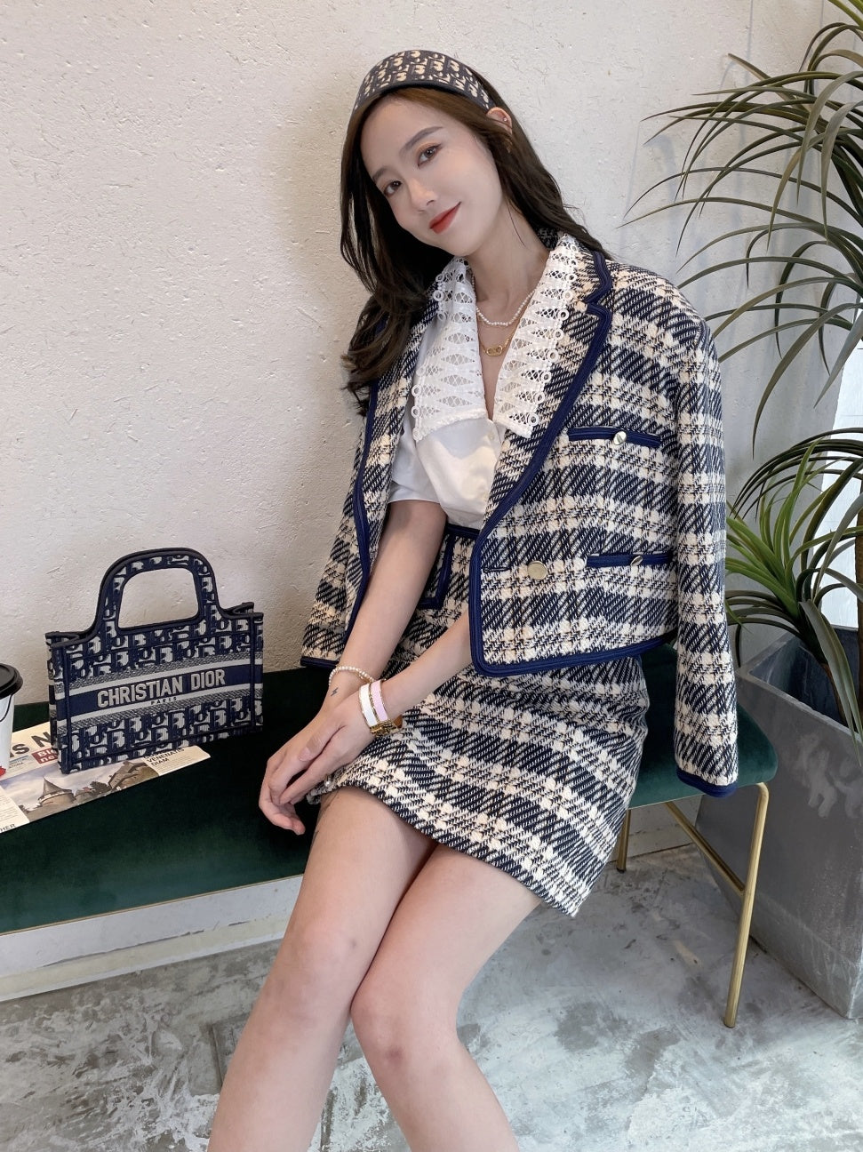 Tian Miao Jin 5K Bordered Check Pocket Short Jacket   Skirt