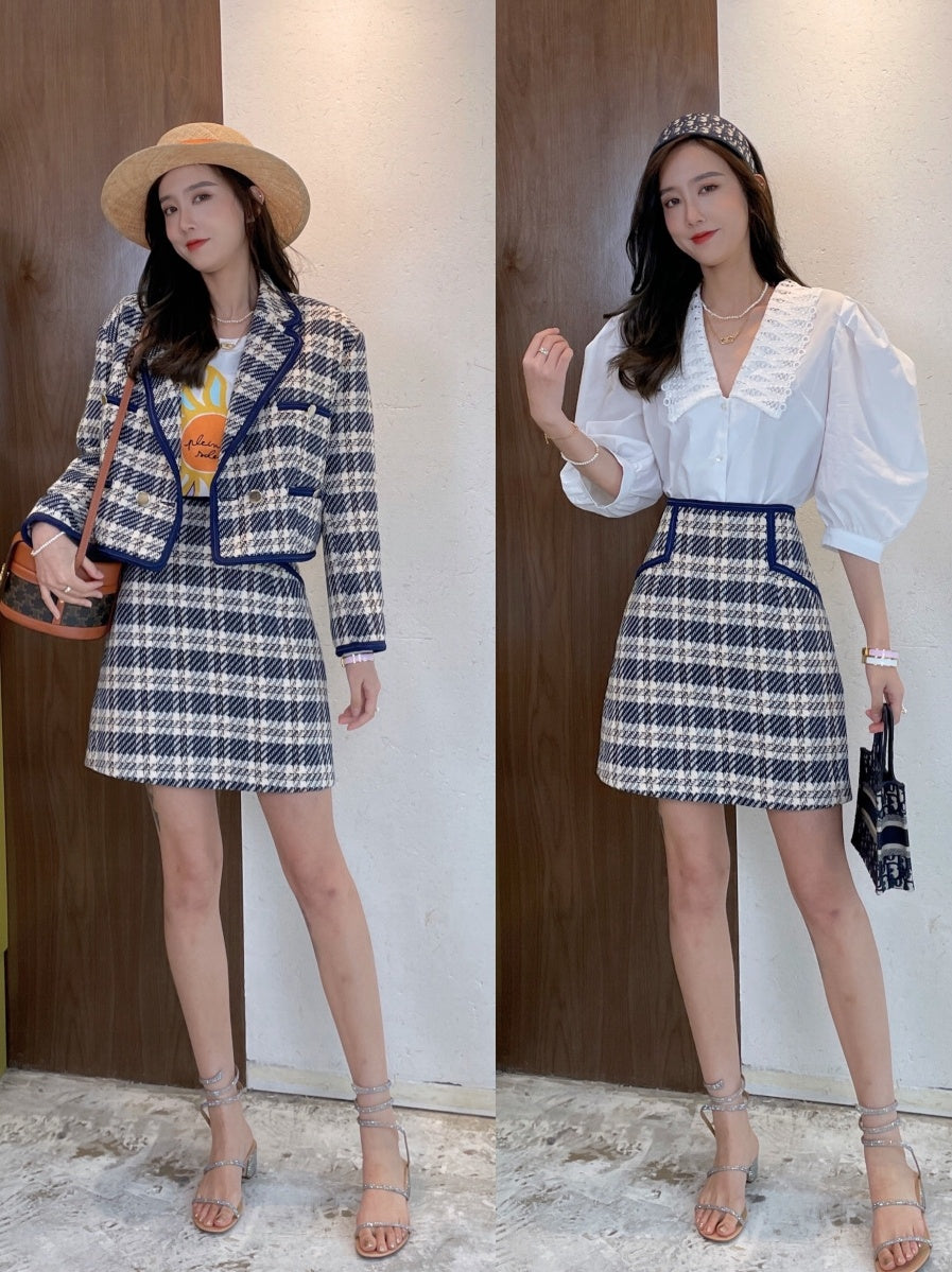 Tian Miao Jin 5K Bordered Check Pocket Short Jacket   Skirt