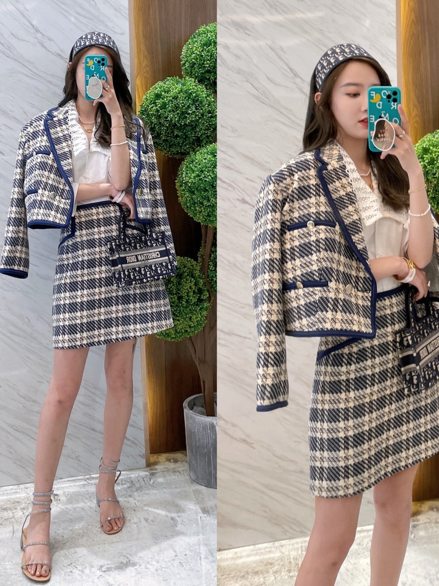 Tian Miao Jin 5K Bordered Check Pocket Short Jacket   Skirt